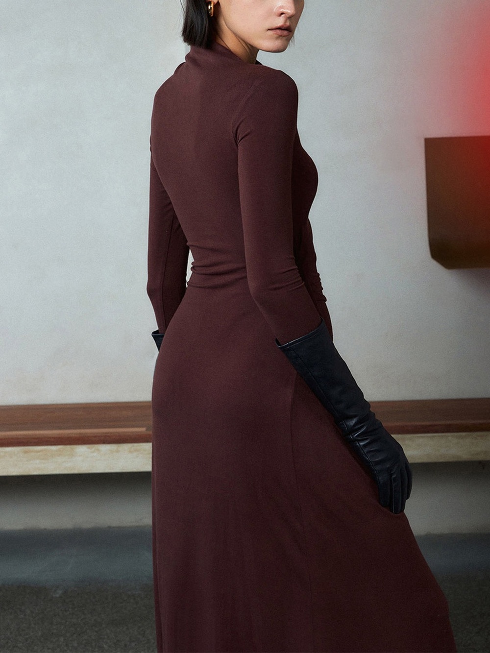 Commense Asymmetrical Neck Long Sleeve Ruched Maxi Dress in Burgundy Brown - Picture 3 of 7